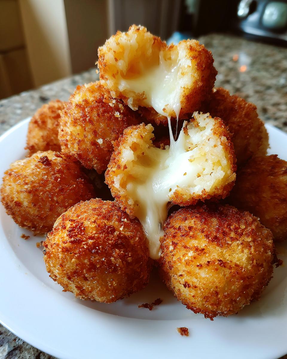A pile of golden-brown, crispy rice balls with one broken open showing a stretchy, melted cheese filling.
