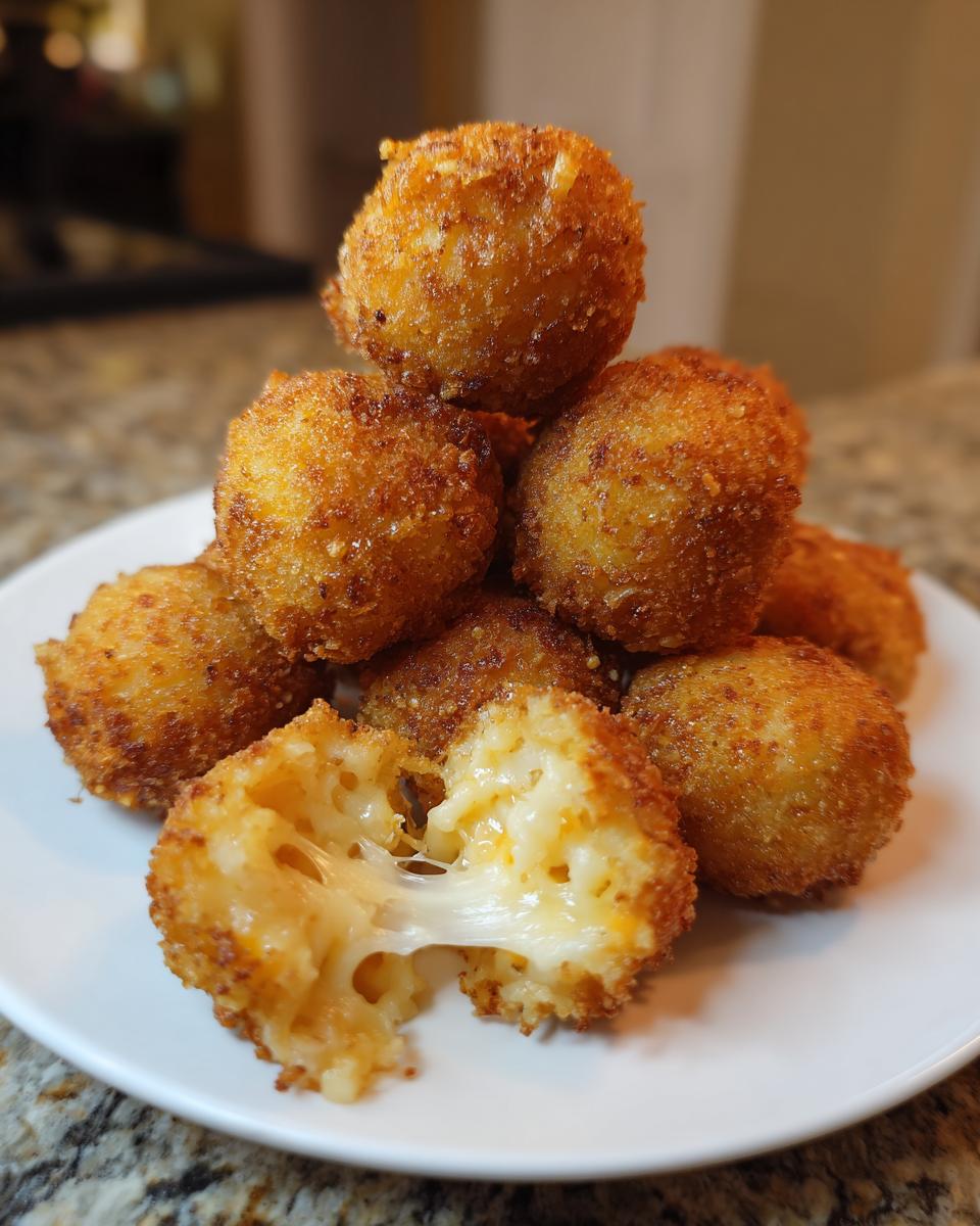 A stack of golden-brown, crispy fried rice balls with one broken open showing a gooey, melted cheese pull inside.