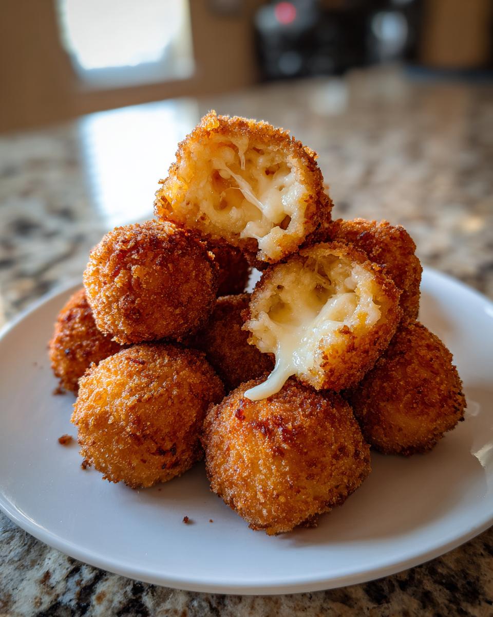 A stack of golden-brown, crispy rice balls, with one cut open showing melted cheese stretching out.