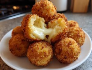 A pile of golden-brown, crispy rice balls, one broken open to show melted cheese stretching out.