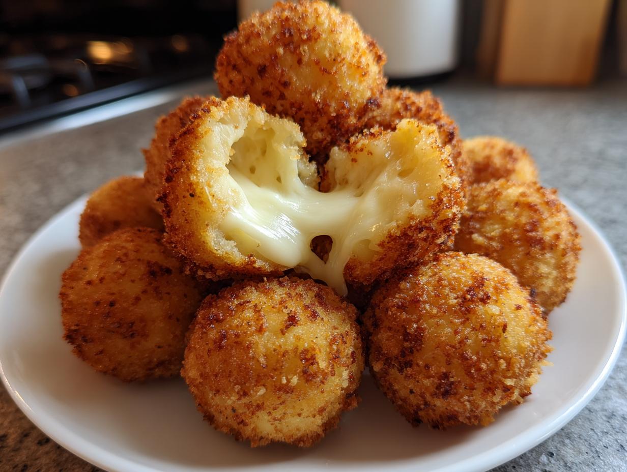 A pile of golden-brown, crispy rice balls, one broken open to show melted cheese stretching out.