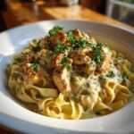 A close-up of creamy Chicken Alfredo pasta topped with chopped chicken and fresh parsley.