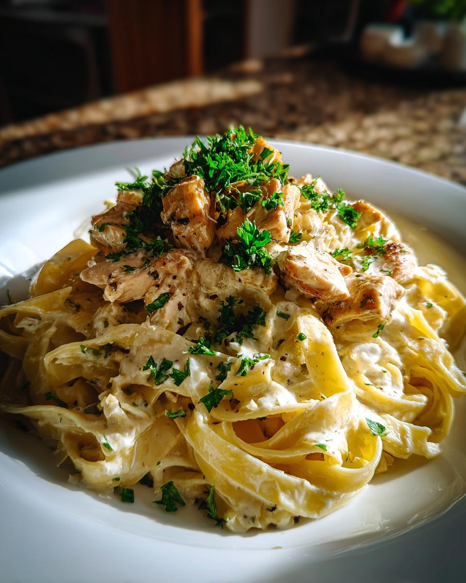 A close-up of creamy Chicken Alfredo pasta, featuring fettuccine noodles, tender chicken pieces, and a rich Alfredo sauce, garnished with fresh parsley.