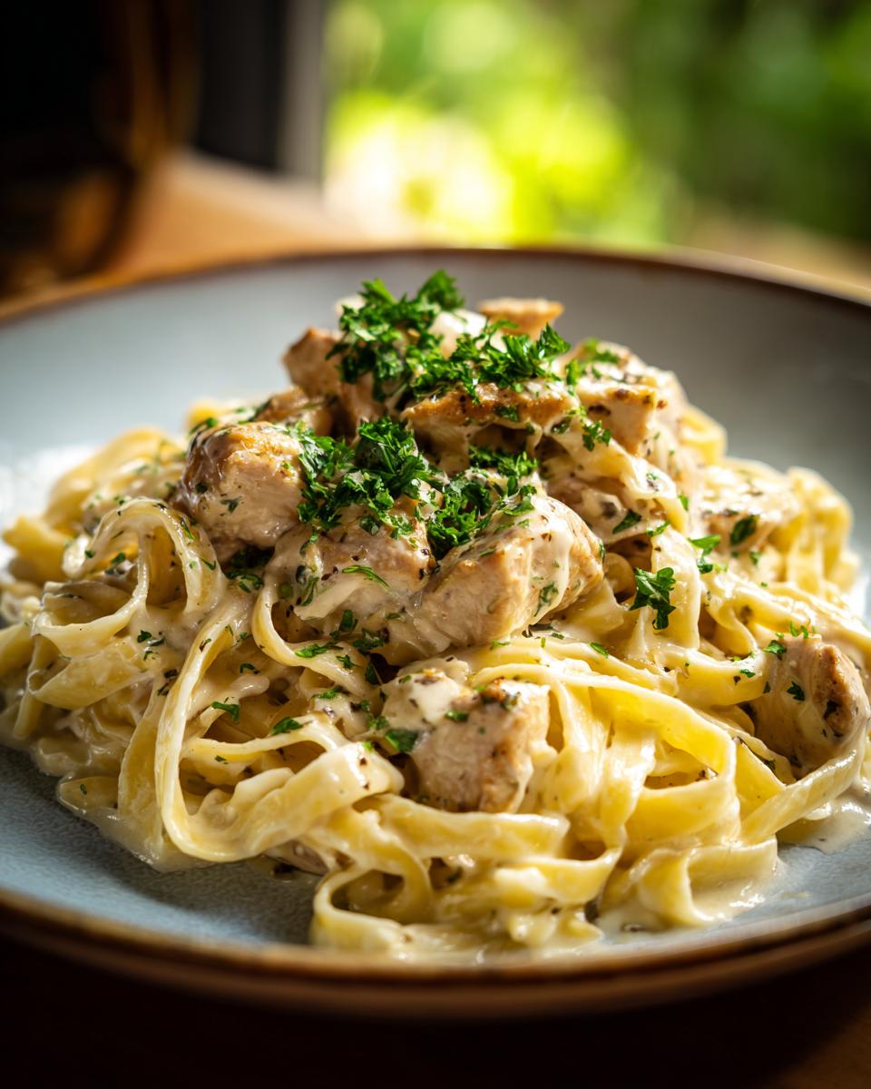 A close-up of creamy Chicken Alfredo pasta, featuring fettuccine noodles and tender chicken pieces, garnished with fresh parsley.