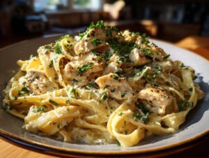 A plate of delicious Chicken Alfredo pasta with fettuccine noodles, creamy sauce, and garnished with parsley.
