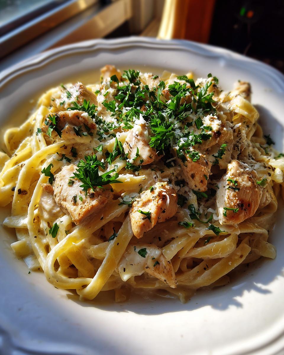 A close-up of creamy Chicken Alfredo pasta topped with fresh parsley and grated Parmesan cheese.