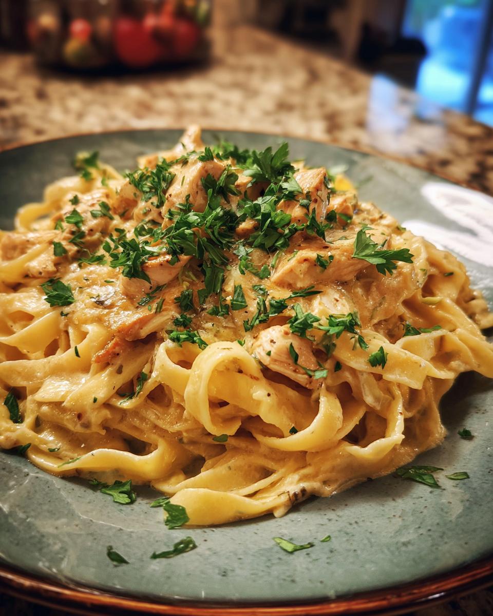 A close-up of creamy Chicken Alfredo pasta topped with fresh parsley on a blue plate.