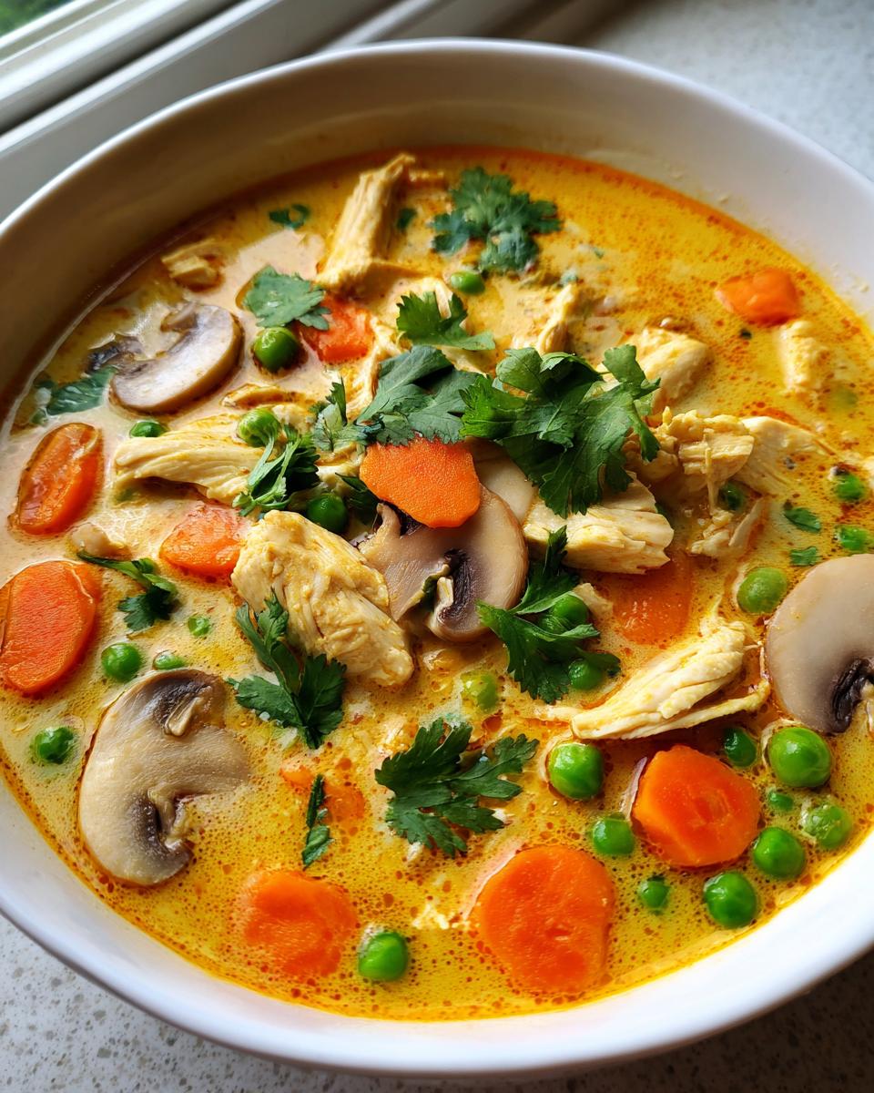 A vibrant bowl of homemade coconut curry soup featuring shredded chicken, sliced mushrooms, carrots, peas, and fresh cilantro garnish.