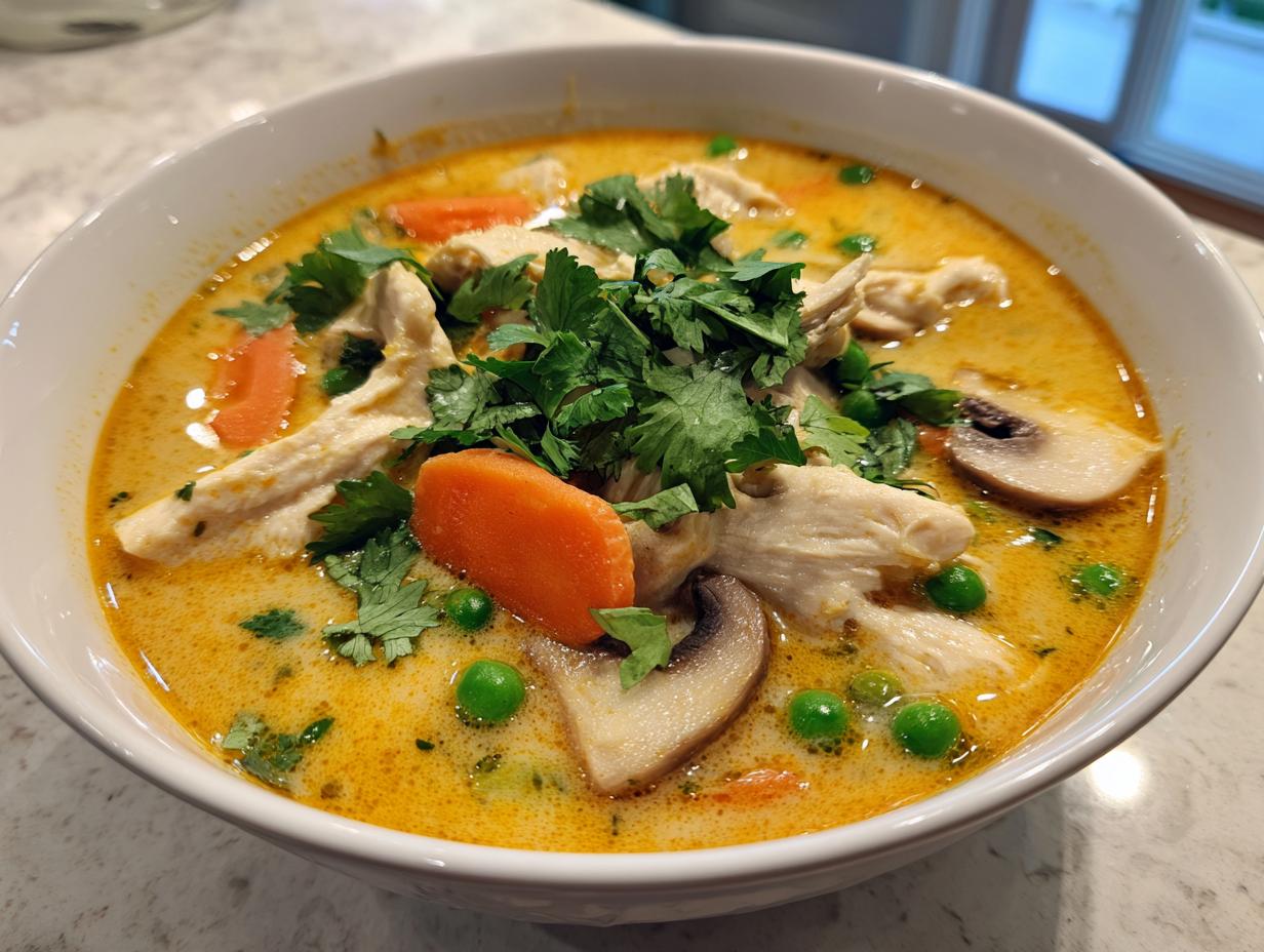 A white bowl filled with rich, orange-yellow coconut curry soup featuring shredded chicken, sliced mushrooms, carrots, and peas, topped with fresh cilantro.