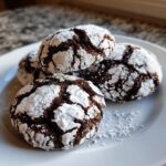 Close-up of four rich, dark Chocolate Crinkle Cookies heavily dusted with white powdered sugar.