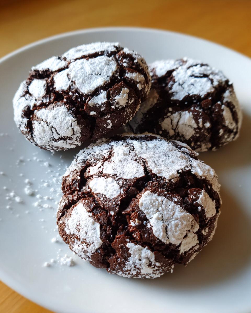 Close-up of three rich, dark Chocolate Crinkle Cookies heavily dusted with white powdered sugar.