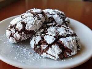 Close-up of three rich, dark Chocolate Crinkle Cookies heavily dusted with powdered sugar on a white plate.