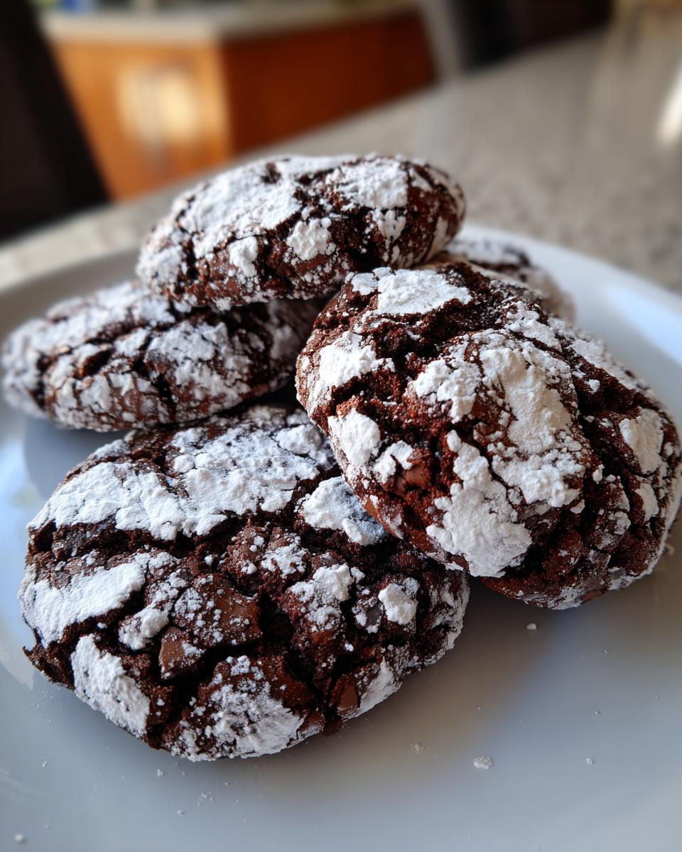 A close-up stack of rich, dark Chocolate Crinkle Cookies dusted heavily with white powdered sugar on a white plate.