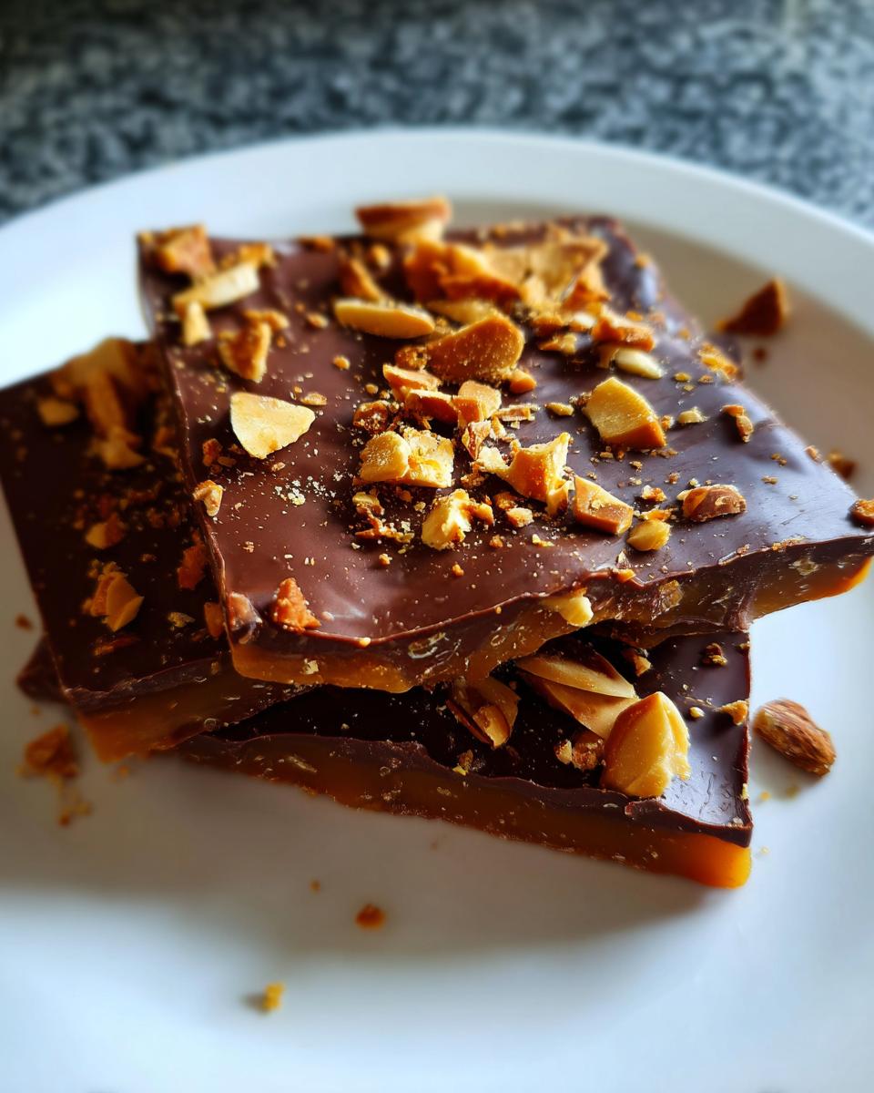 Close-up of rich chocolate toffee topped with crunchy almonds and toffee pieces, served on a white plate.