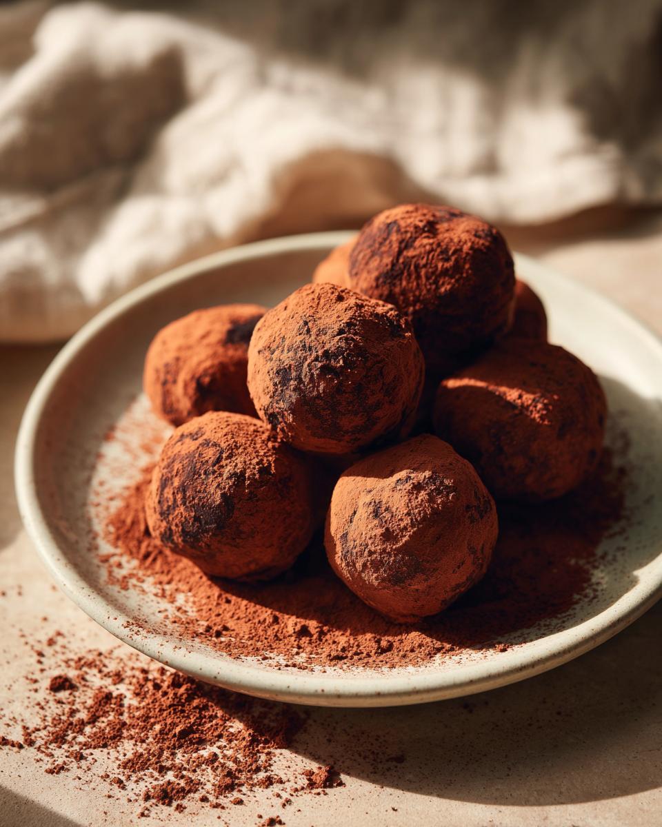 A pile of rich chocolate truffles generously dusted with cocoa powder on a light-colored plate.