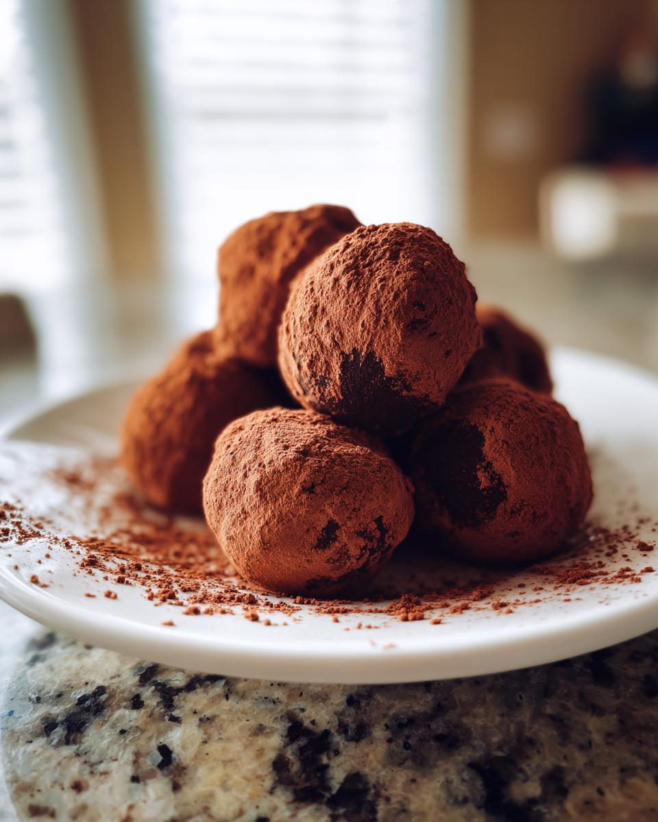 A pile of rich chocolate truffles generously dusted with cocoa powder on a white plate.