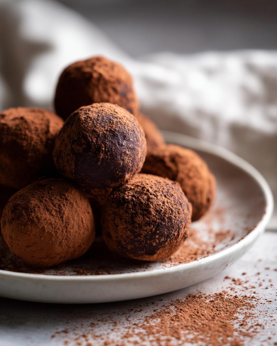 A close-up of rich chocolate truffles generously dusted with cocoa powder, served on a white plate.