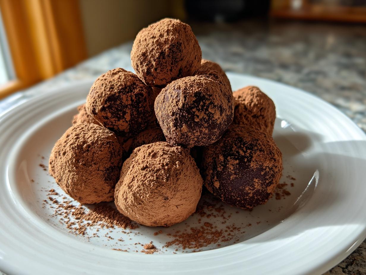 A pile of rich chocolate truffles generously dusted with cocoa powder on a white plate.