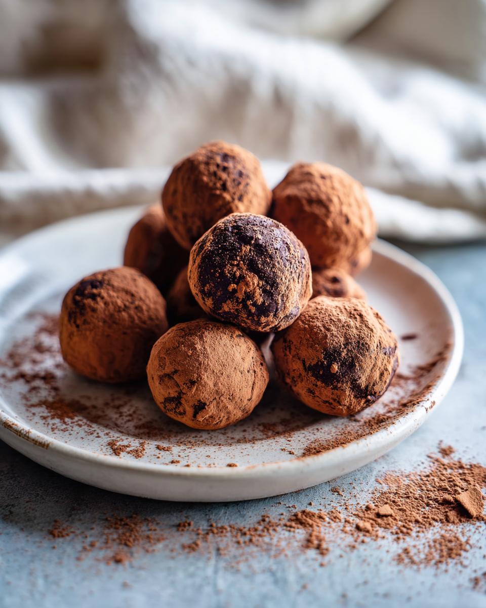 A pile of rich chocolate truffles dusted generously with cocoa powder on a white plate.