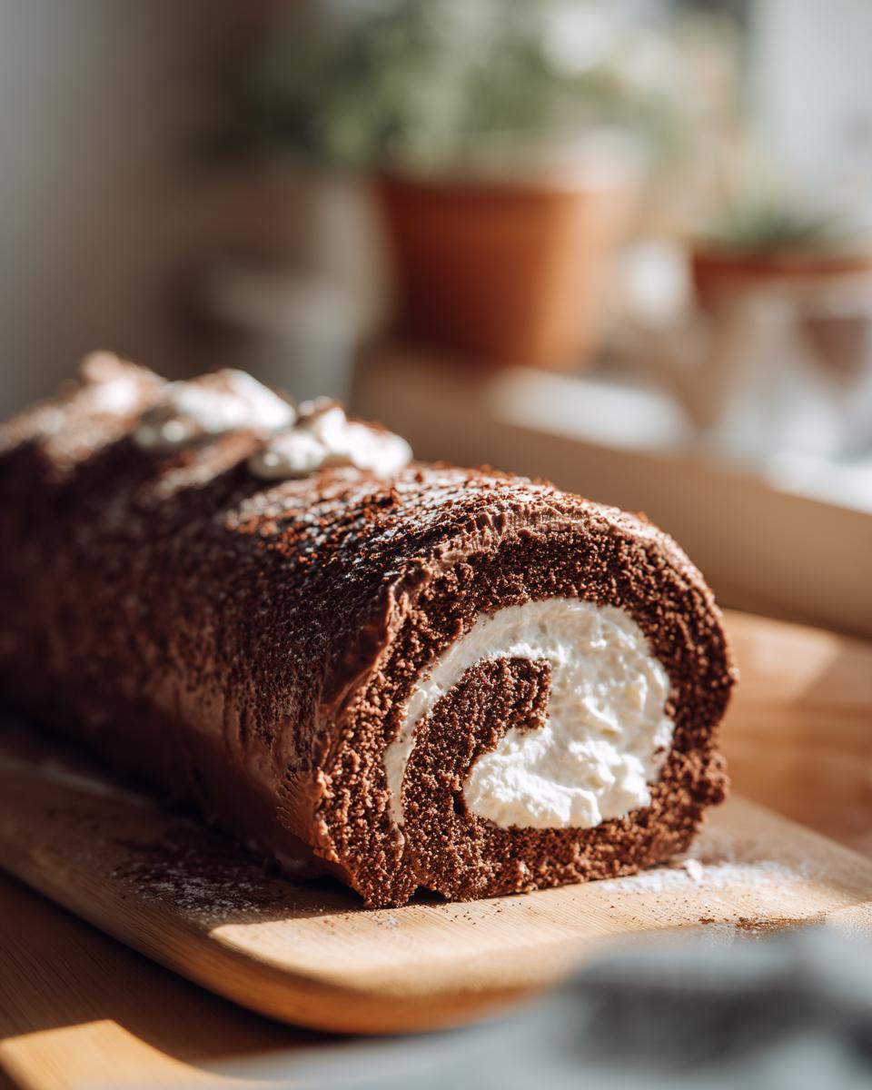 A close-up of a chocolate Yule log cake with a creamy white filling, dusted with powdered sugar.