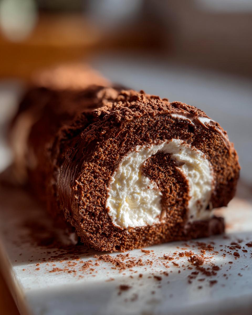 A close-up, cross-section view of a rich chocolate Yule log cake filled with white cream filling.