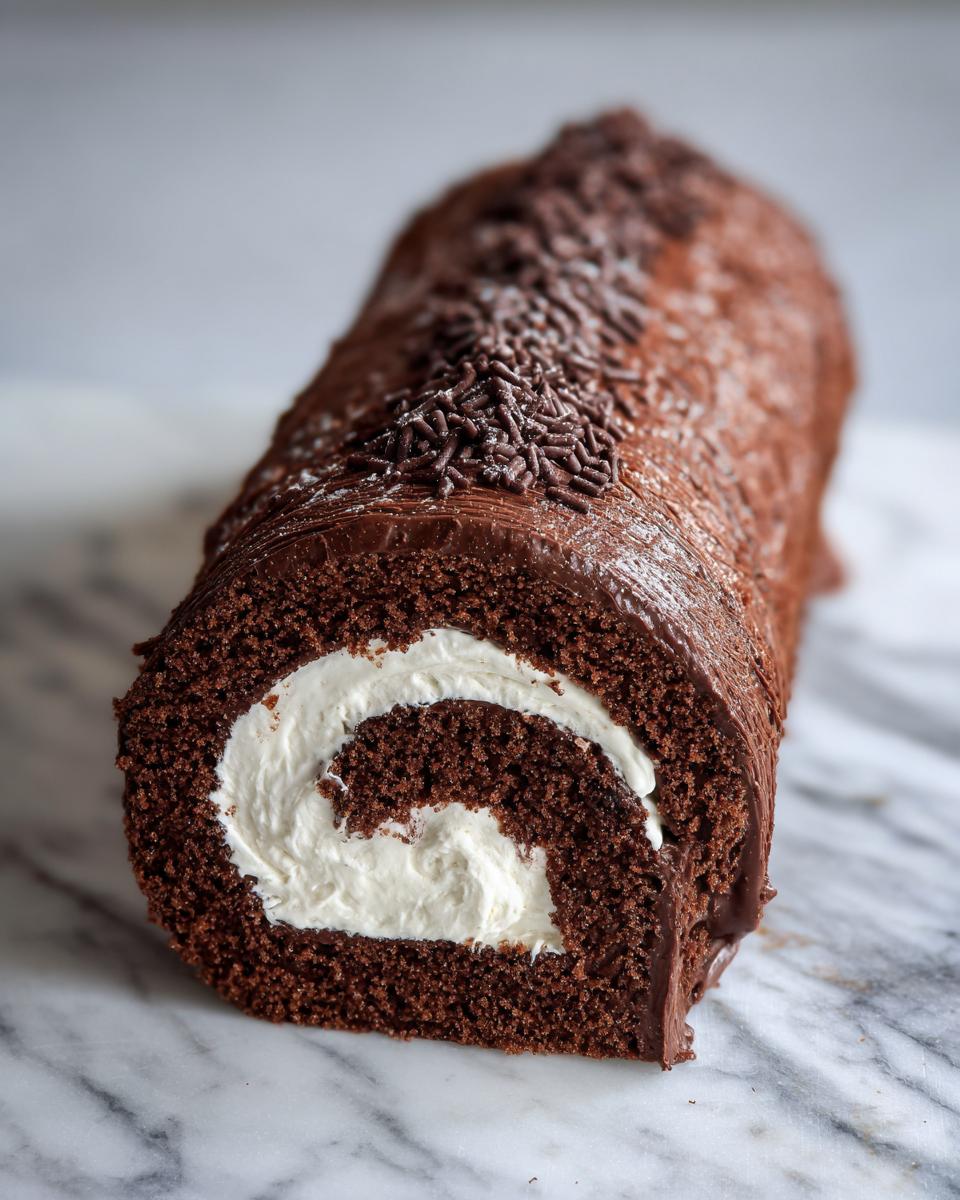 A close-up of a chocolate Yule log cake filled with cream and topped with chocolate frosting and sprinkles.