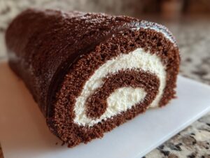 A cross-section view of a rich chocolate Yule log cake showing the perfect swirl of dark cake and white cream filling.