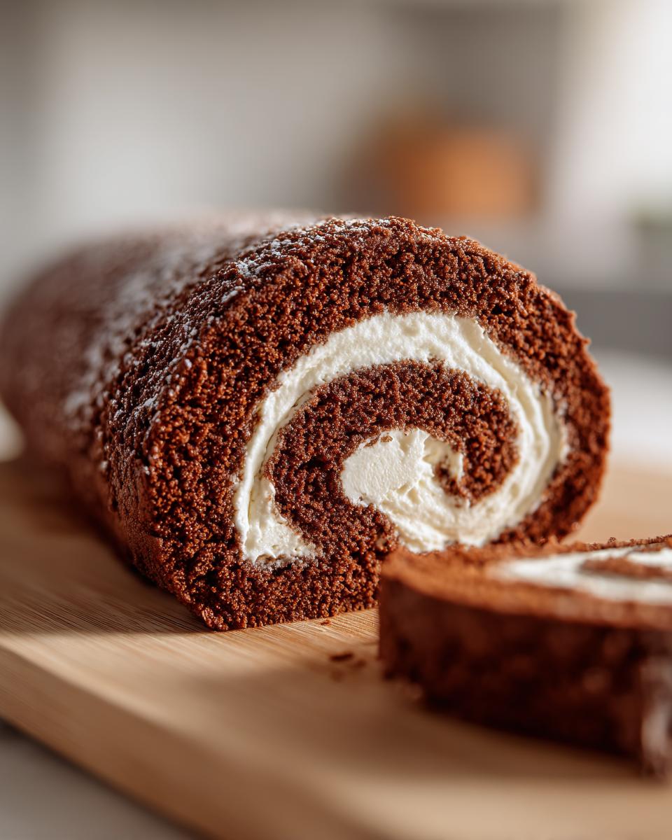 A rich chocolate Yule log cake, dusted with powdered sugar, showing a perfect swirl of white cream filling inside.