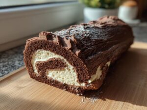 A slice of chocolate Yule log cake with cream filling, dusted with powdered sugar.