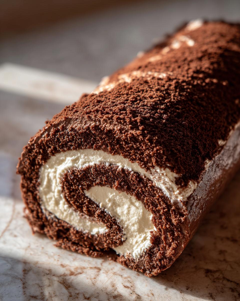 Close-up of a chocolate Yule log cake with a swirl of cream filling, dusted with cocoa powder.