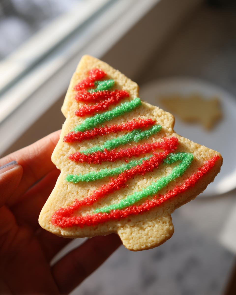 A hand holding a Christmas sugar cookies tree shape decorated with red and green sanding sugar stripes.