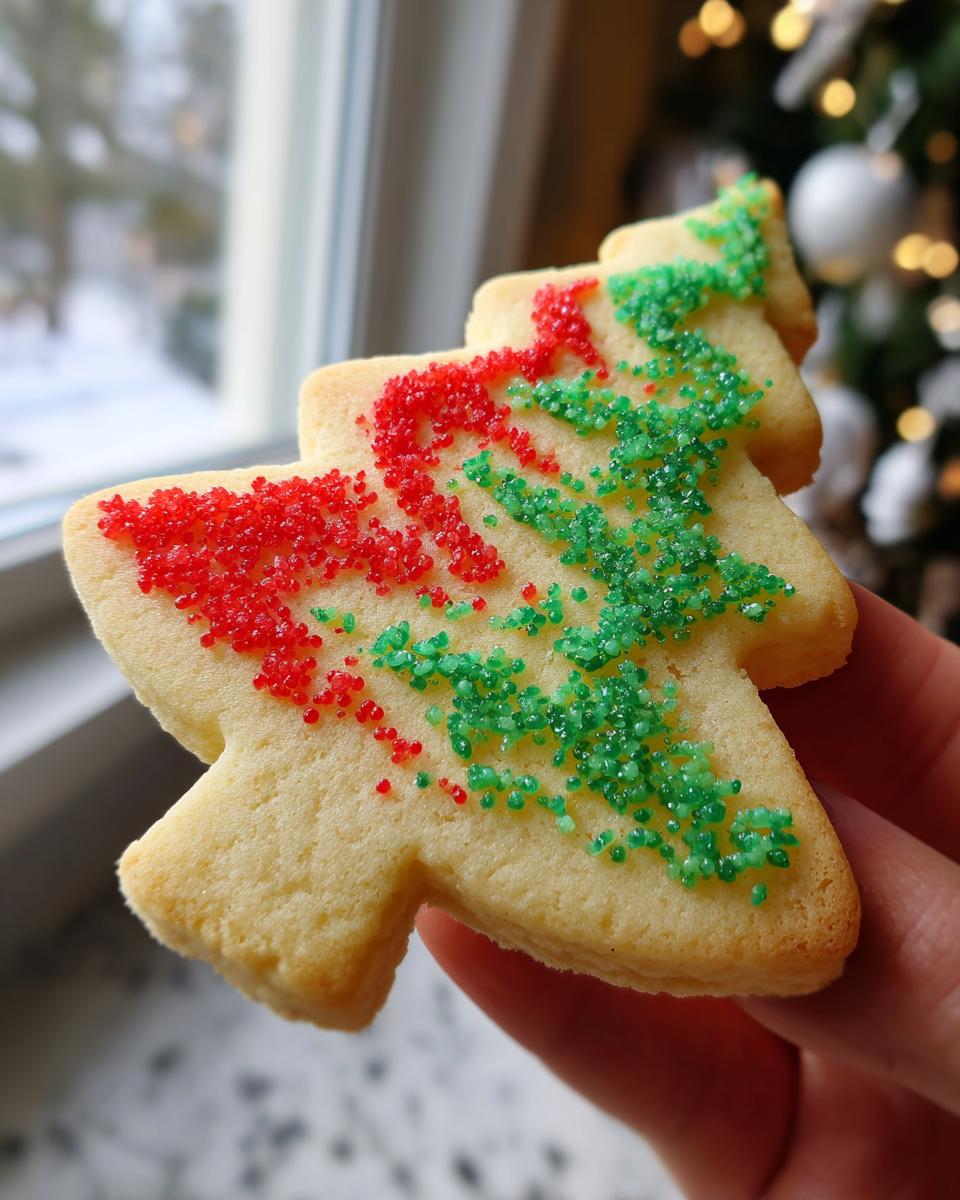 A hand holding a simple Christmas sugar cookie shaped like a tree, decorated with red and green sanding sugar.