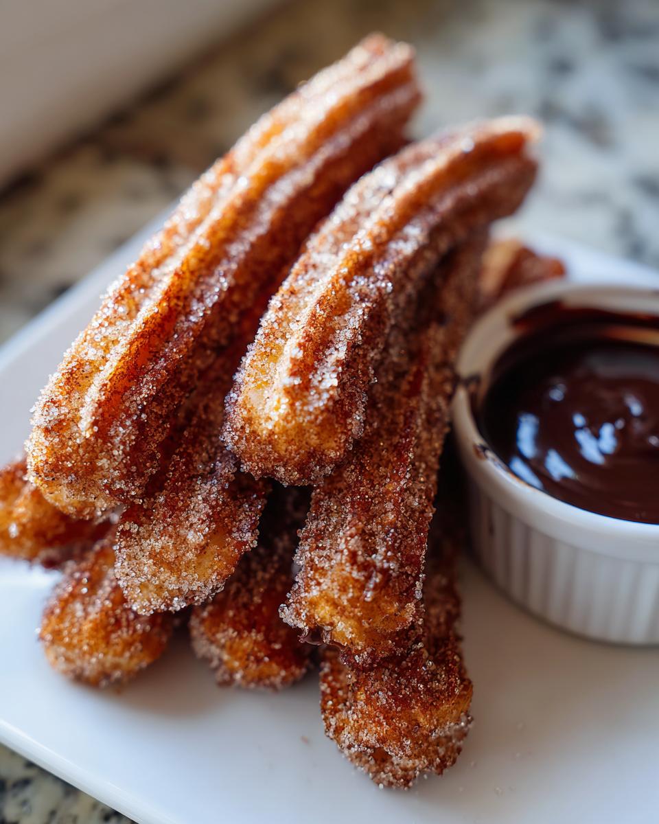 A stack of freshly fried, cinnamon-sugar coated churros served on a white plate next to a small bowl of rich chocolate dipping sauce.