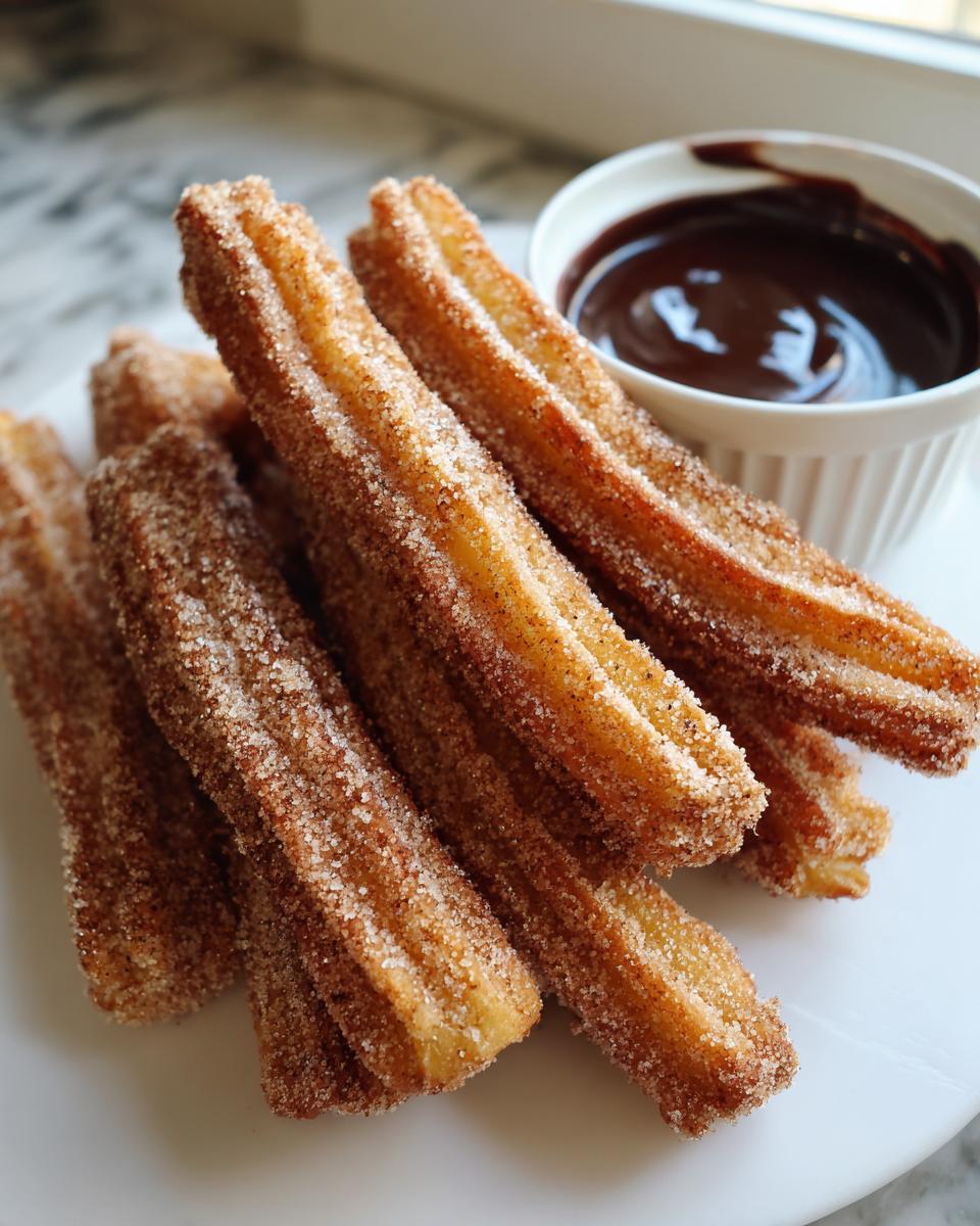 A close-up stack of golden brown churros heavily coated in cinnamon sugar, next to a small white bowl of rich chocolate sauce.