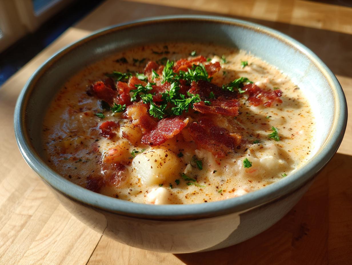 A close-up of a bowl of delicious clam chowder, topped with crispy bacon bits and fresh parsley.