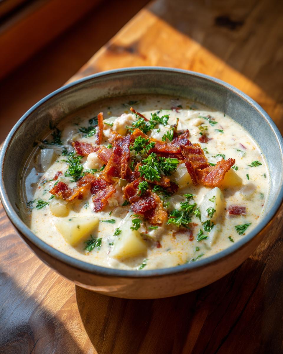A close-up of a bowl of creamy clam chowder, topped with crispy bacon and fresh parsley, with visible chunks of potato.