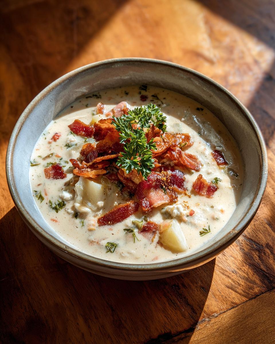A bowl of creamy clam chowder topped with crispy bacon and fresh parsley.