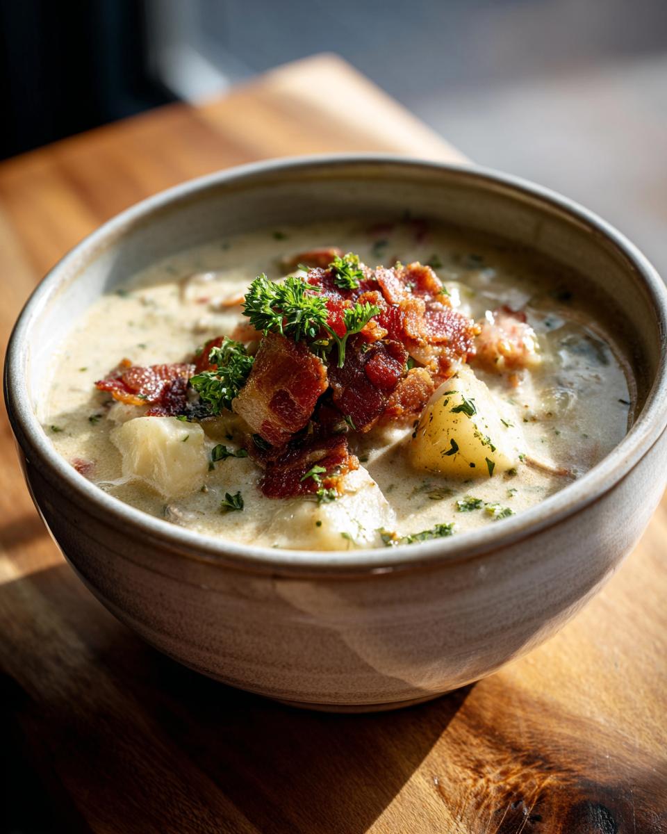 A close-up of a bowl of creamy clam chowder topped with crispy bacon and fresh parsley, featuring chunks of potato.