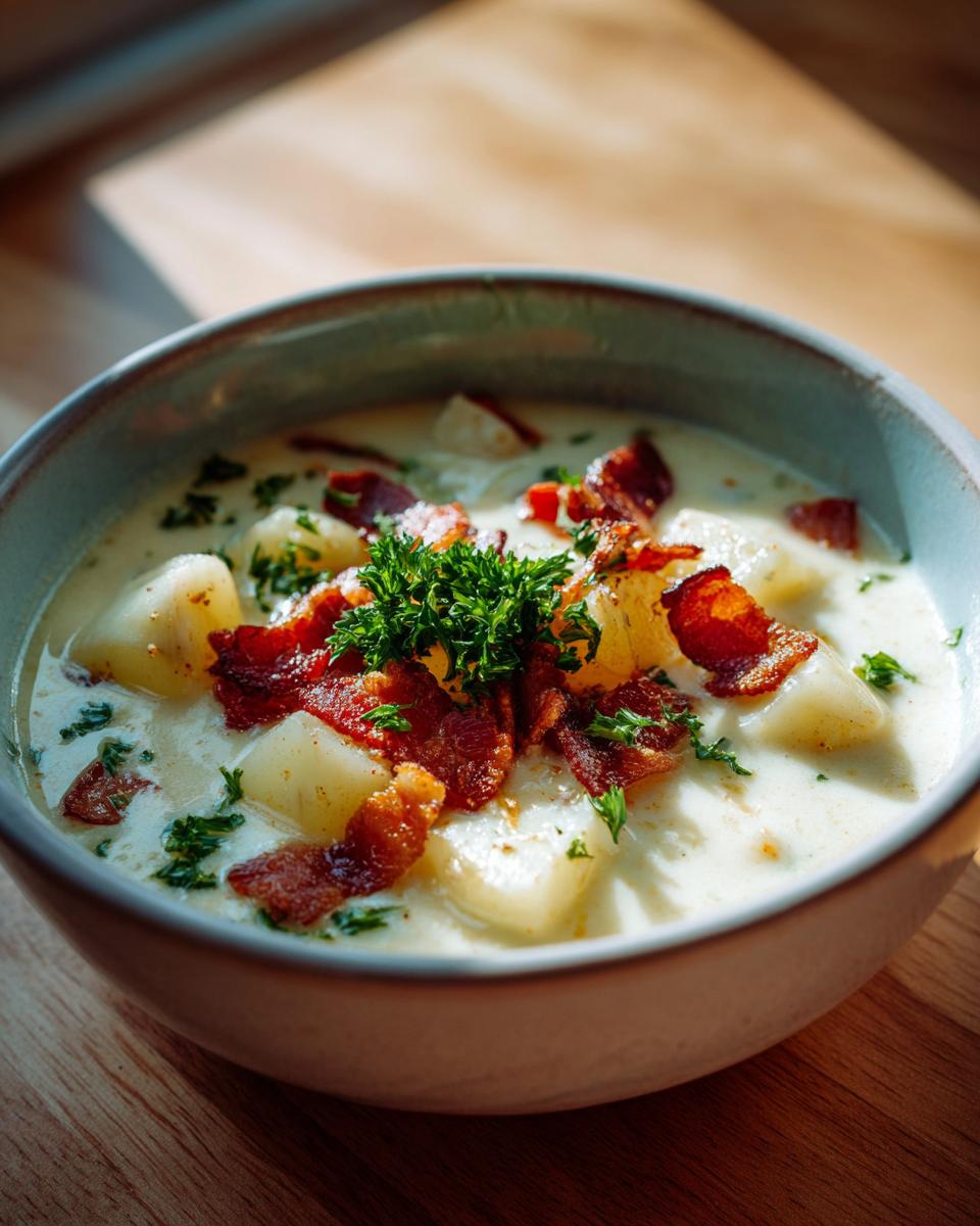 A close-up of a bowl of creamy clam chowder topped with crispy bacon, diced potatoes, and fresh parsley.