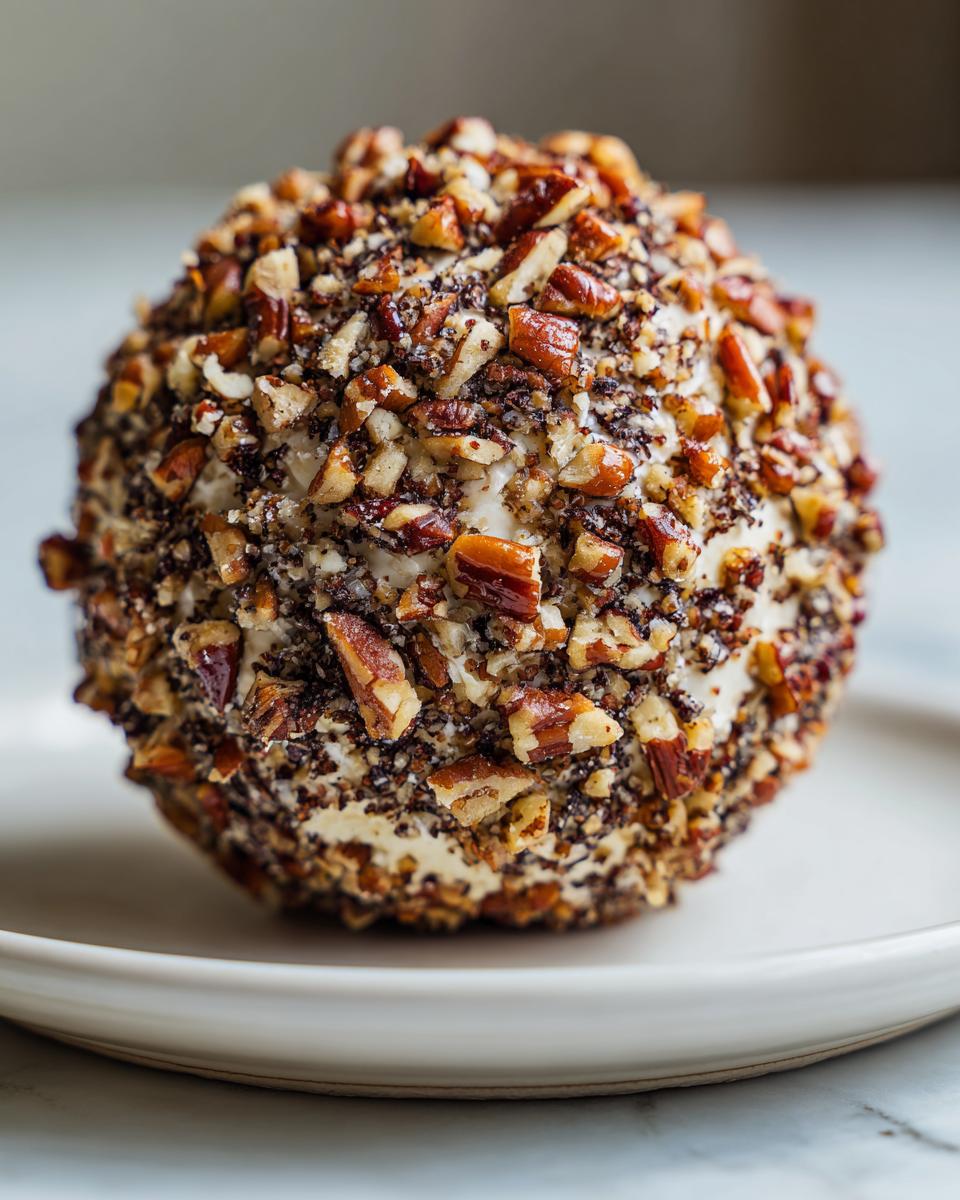 A close-up of a classic cheese ball recipe, generously coated in chopped pecans.