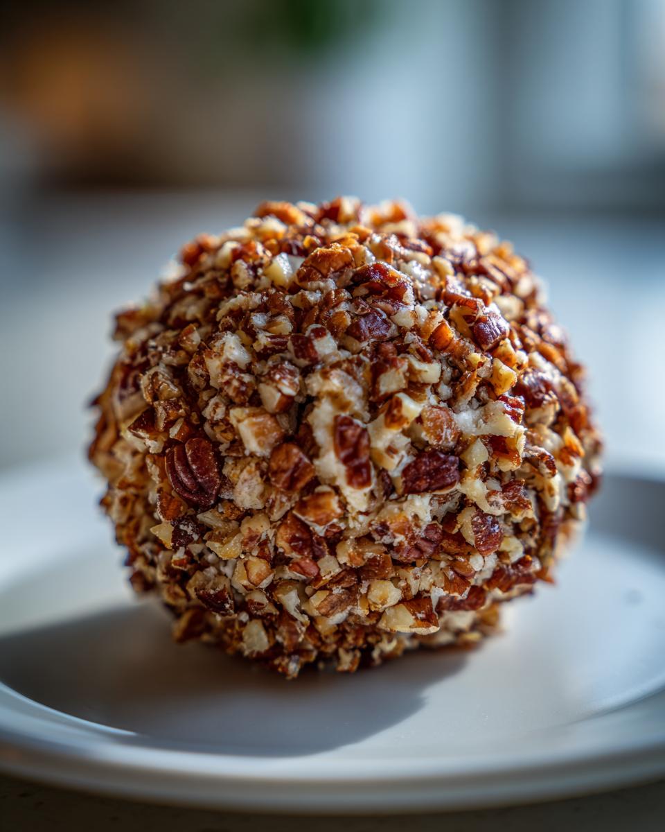 A close-up of a classic cheese ball coated in chopped pecans, resting on a white plate.