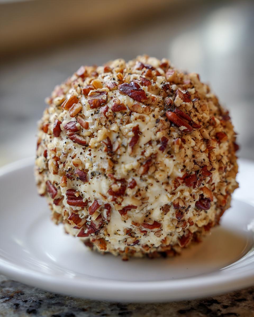A classic cheese ball recipe coated in chopped pecans and spices, served on a white plate.