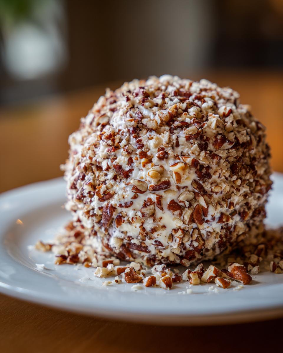 A close-up of a classic cheese ball coated in chopped pecans, served on a white plate.
