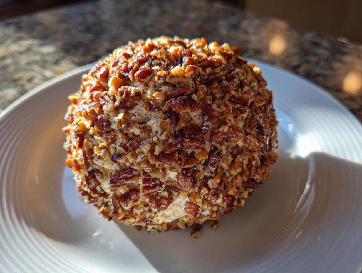 A classic cheese ball coated in chopped pecans, presented on a white plate.