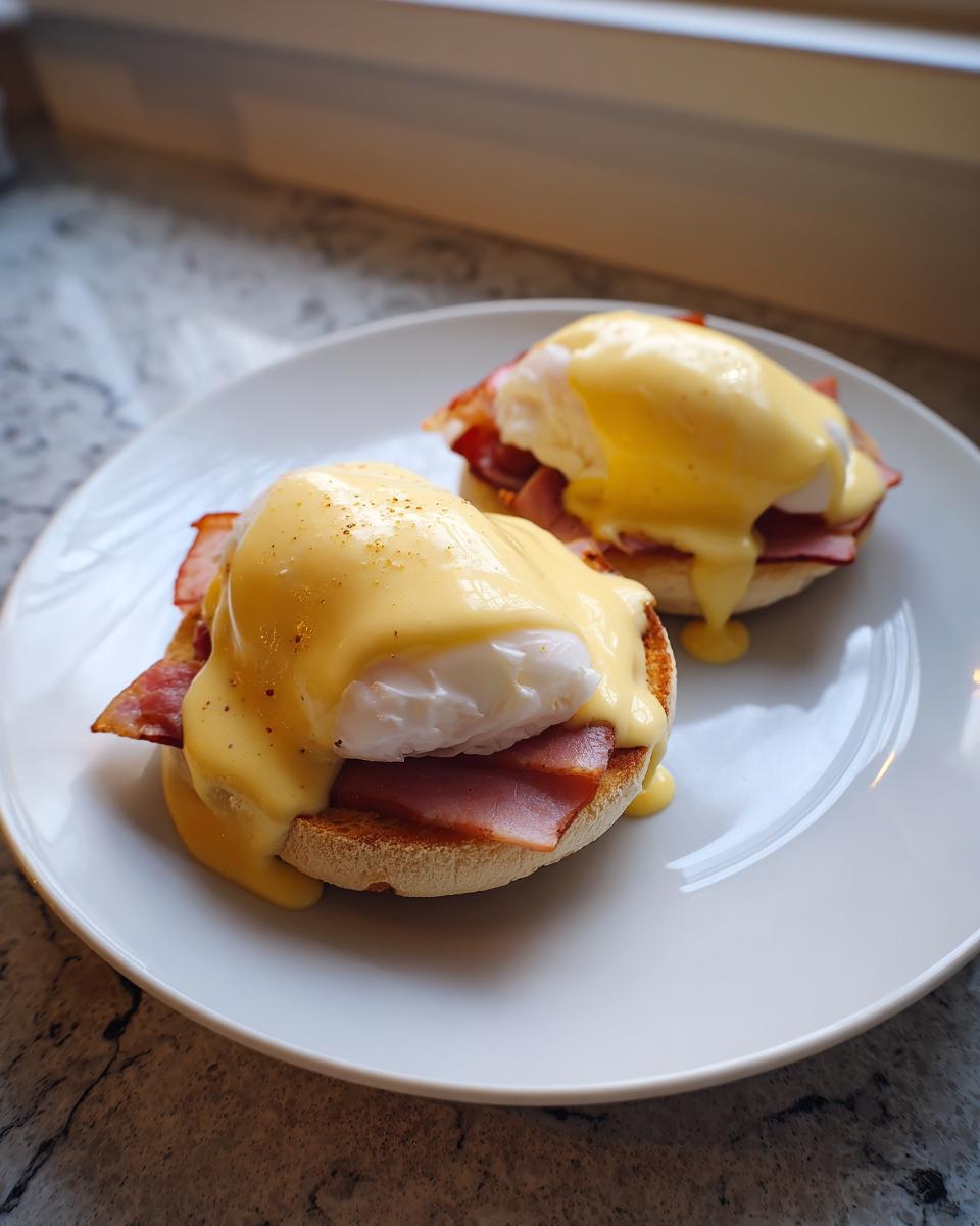 Two servings of classic eggs benedict featuring poached eggs, ham, and rich hollandaise sauce on toasted English muffins.