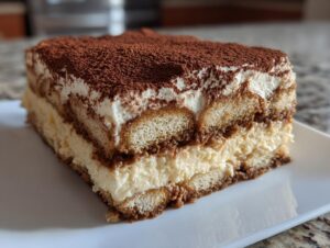 A beautiful, layered slice of homemade Tiramisu dusted heavily with cocoa powder.
