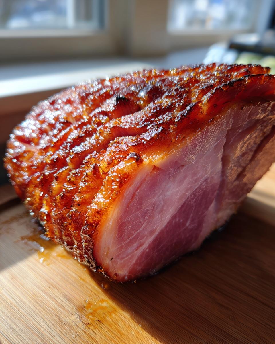 Close-up of a thick slice of juicy, pink glazed ham with a dark, caramelized crust resting on a wooden board.