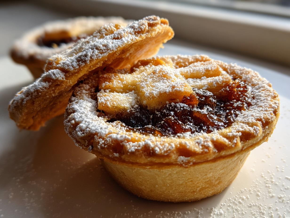 Close-up of two homemade mince pies dusted with powdered sugar, showing the rich filling.