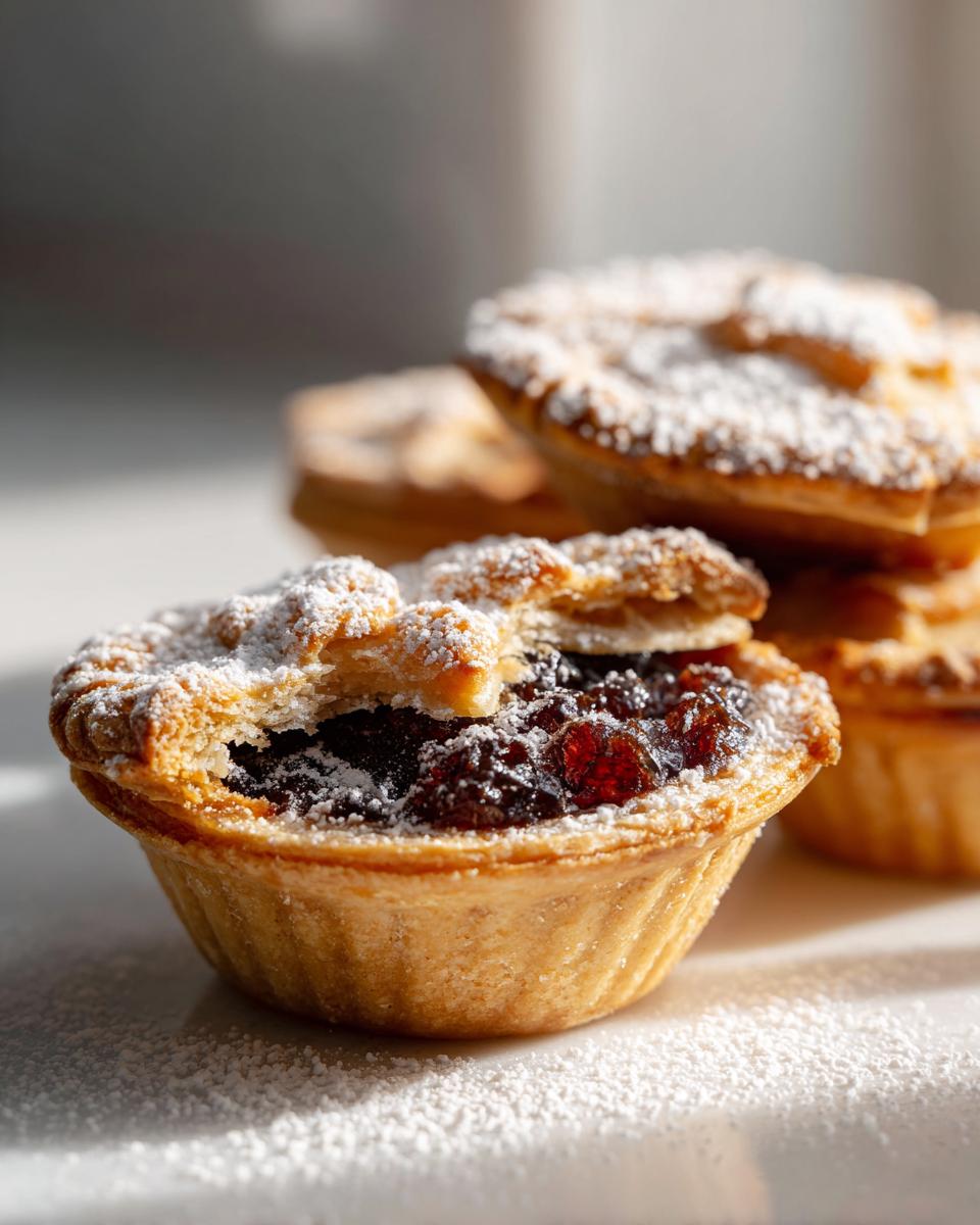 A close-up of a freshly baked mince pie, cut open to show the rich fruit filling, dusted with powdered sugar.