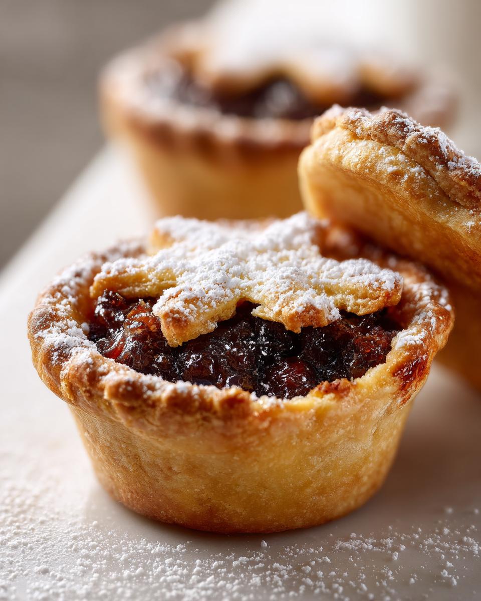 Close-up of a freshly baked mince pie filled with dark fruit mince and dusted heavily with powdered sugar.